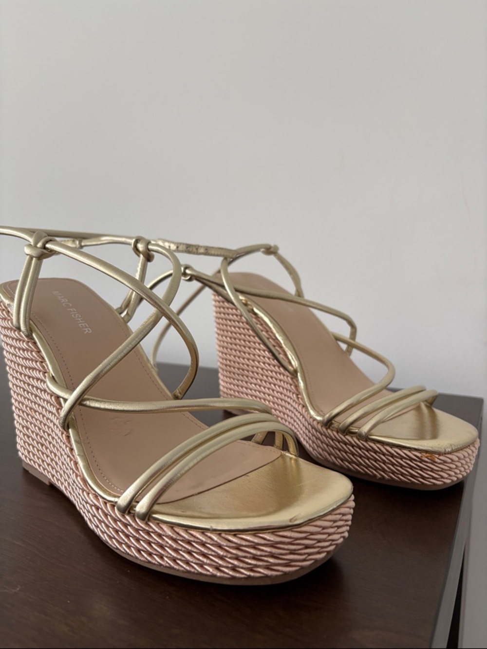 Marc Fisher Gold Strappy Wedge Sandals with Tan Braided Platform